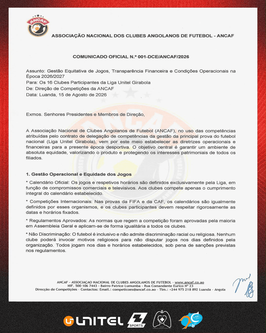 Página 1 do Gestão Equitativa de Jogos, Transparência Financeira e Condições Operacionais na Época 2026/2027