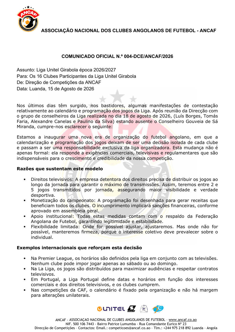 Página 1 do ANCAF esclarece o modelo de calendarização e programação do Girabola 2026/2027