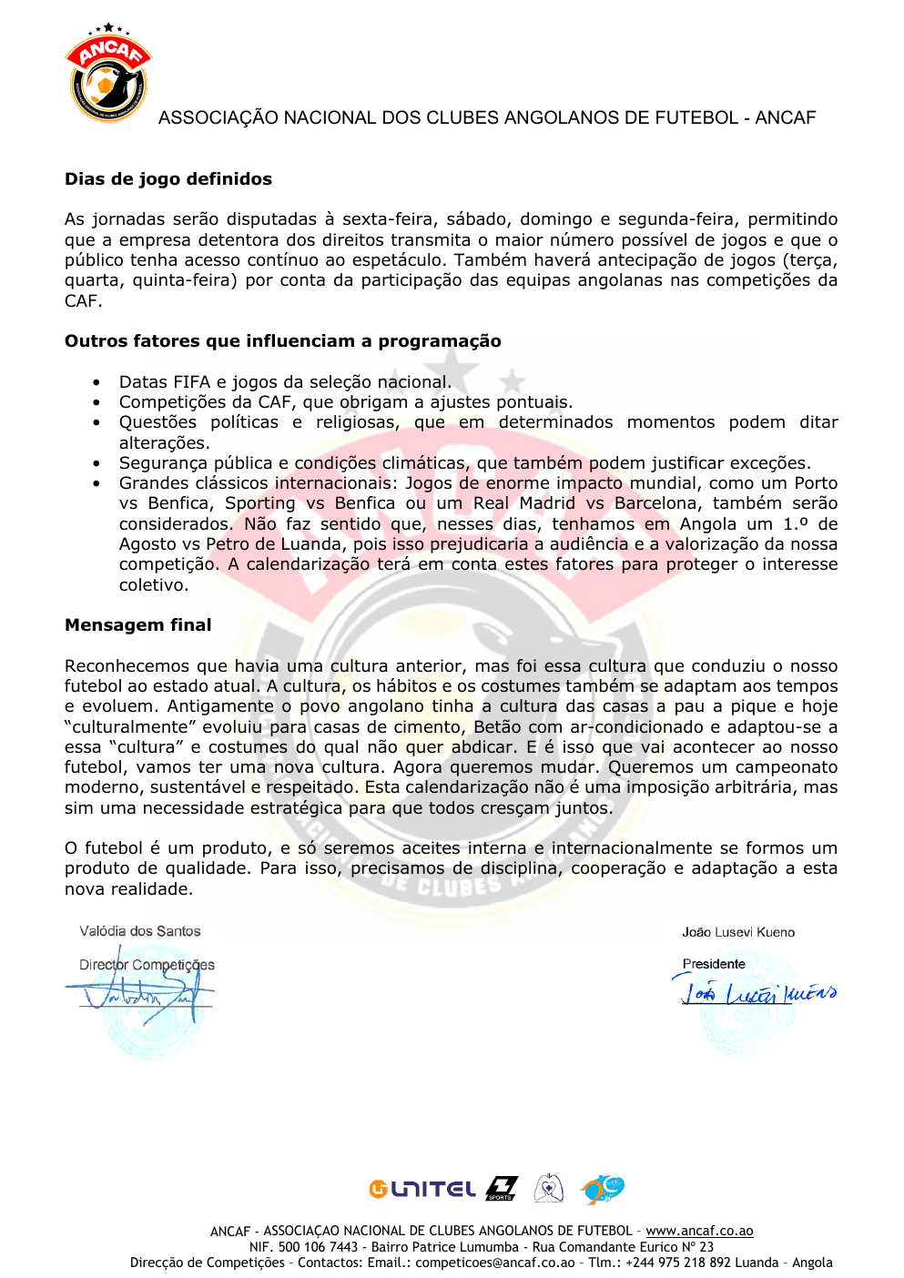Página 2 do ANCAF esclarece o modelo de calendarização e programação do Girabola 2026/2027