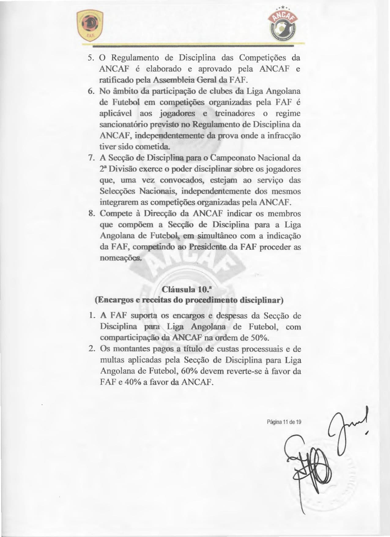 Página 11 do Contrato de cedência da gestão do Girabola entre a FAF e a ANCAF