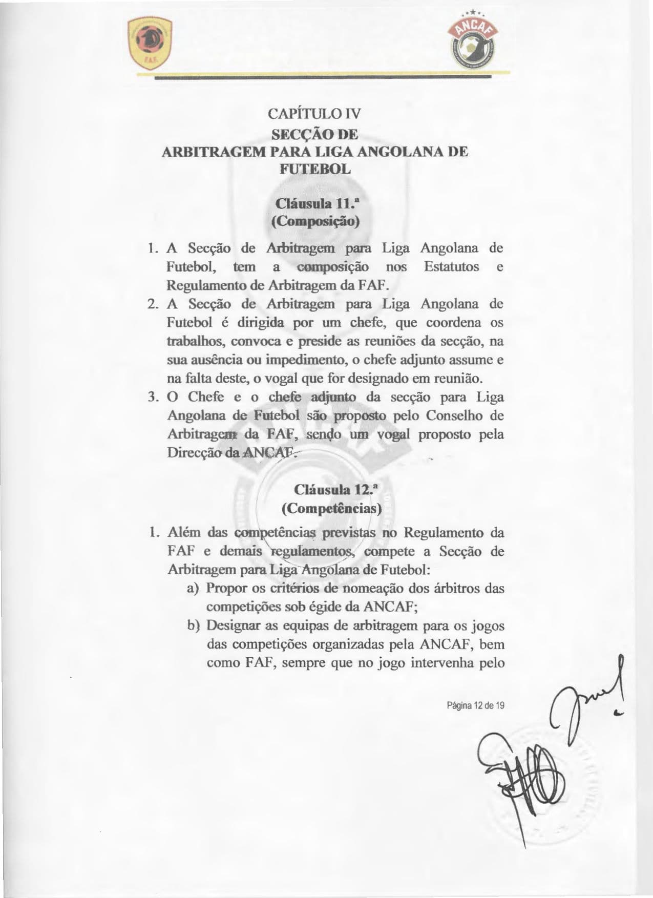Página 12 do Contrato de cedência da gestão do Girabola entre a FAF e a ANCAF
