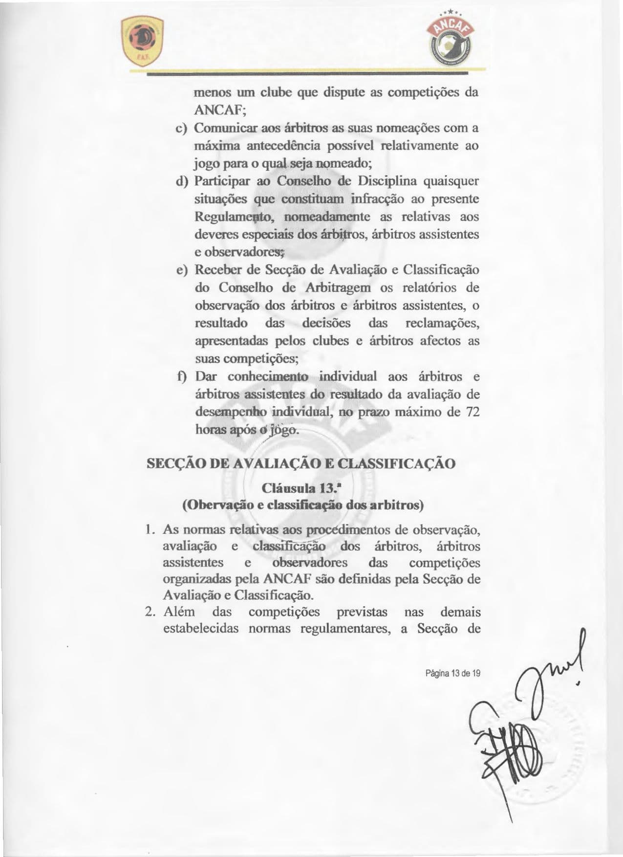 Página 13 do Contrato de cedência da gestão do Girabola entre a FAF e a ANCAF