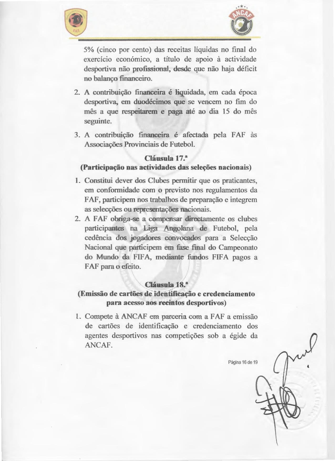 Página 16 do Contrato de cedência da gestão do Girabola entre a FAF e a ANCAF