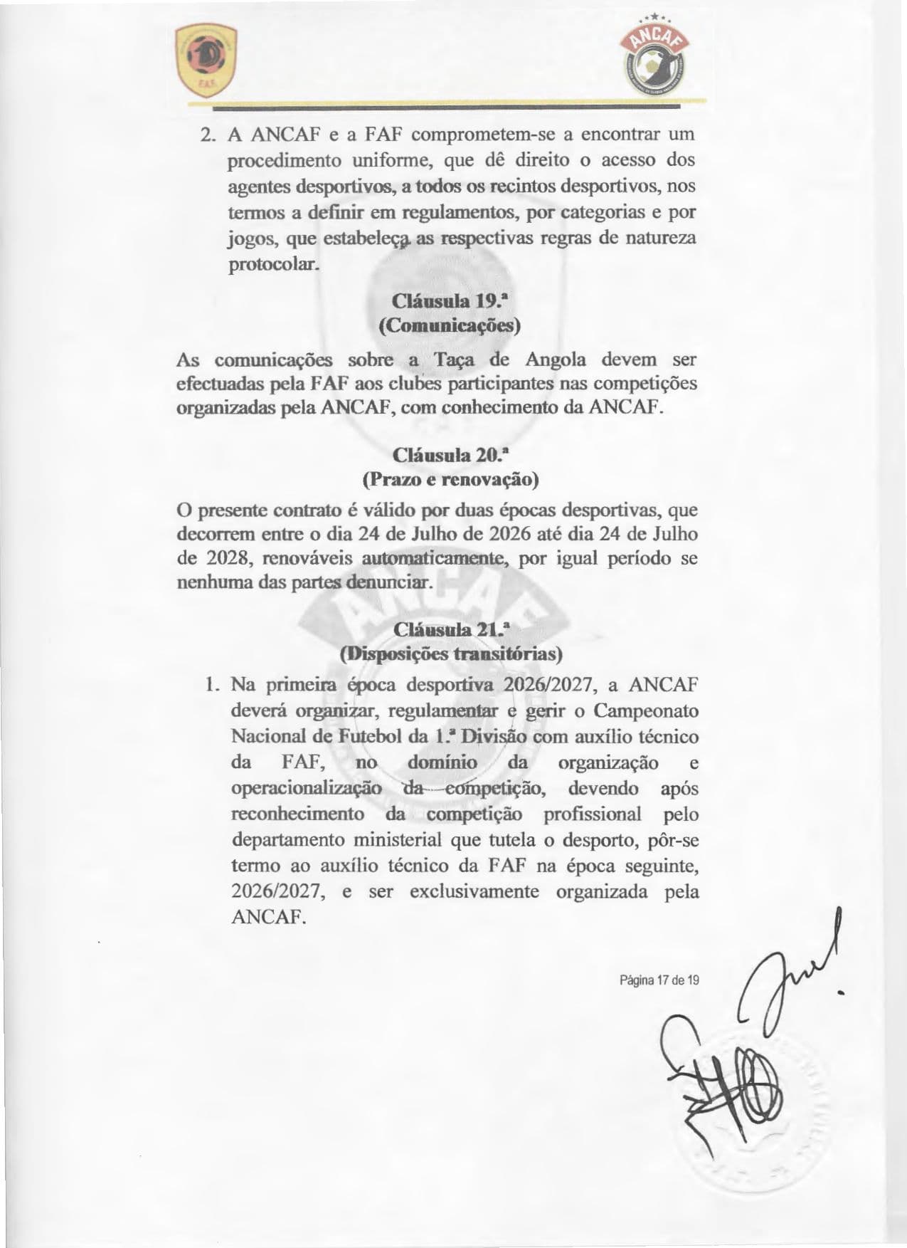 Página 17 do Contrato de cedência da gestão do Girabola entre a FAF e a ANCAF
