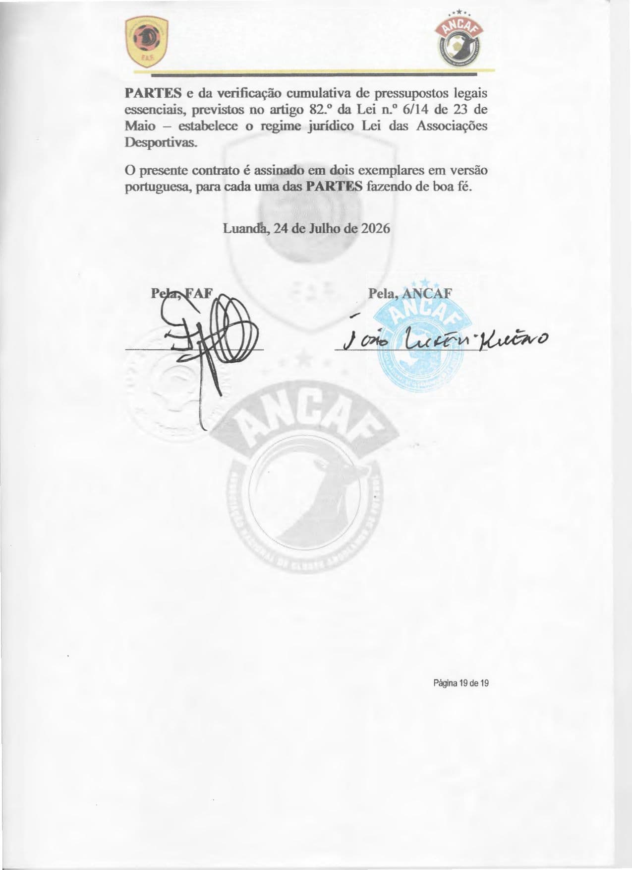 Página 19 do Contrato de cedência da gestão do Girabola entre a FAF e a ANCAF
