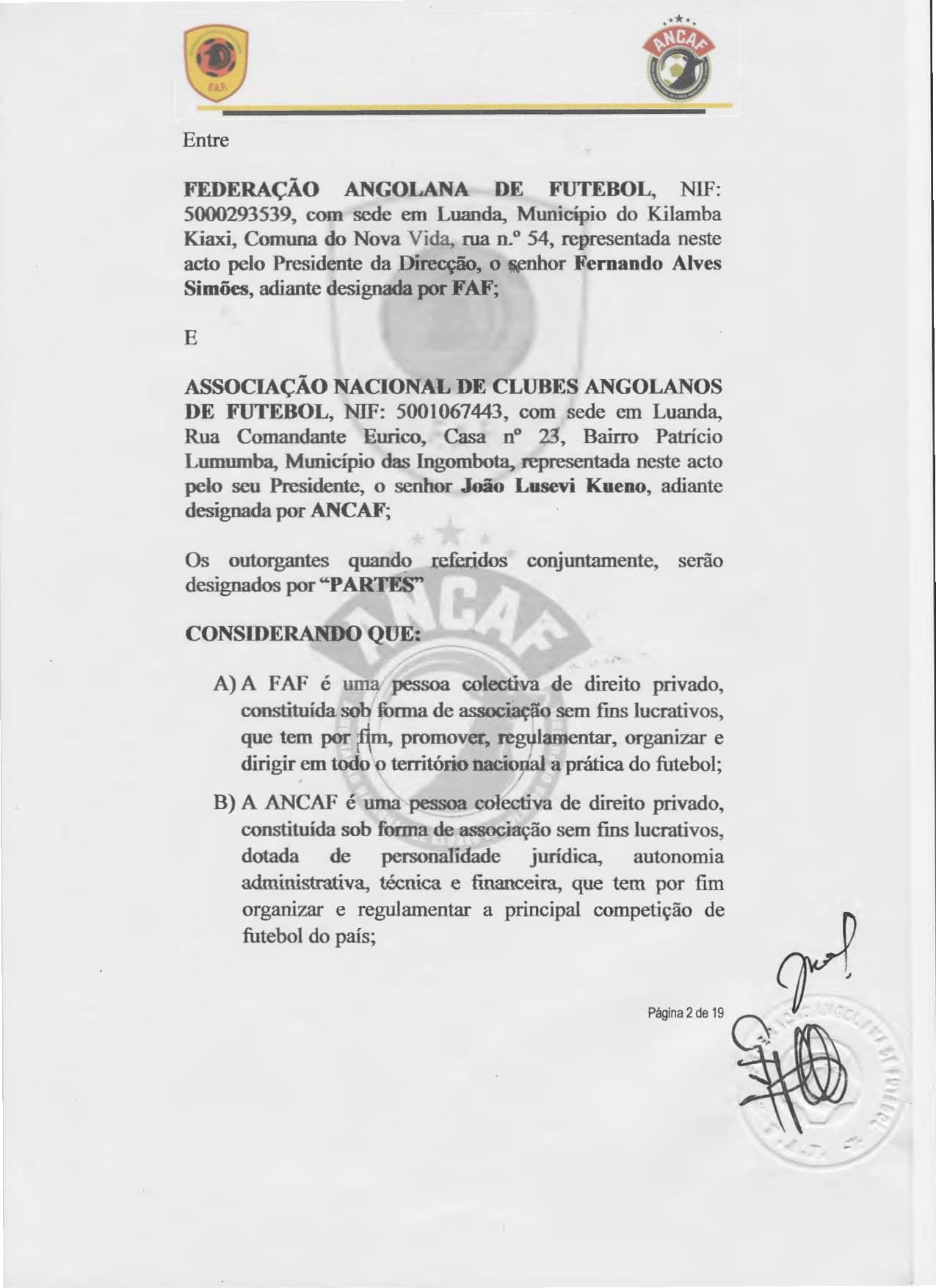 Página 2 do Contrato de cedência da gestão do Girabola entre a FAF e a ANCAF