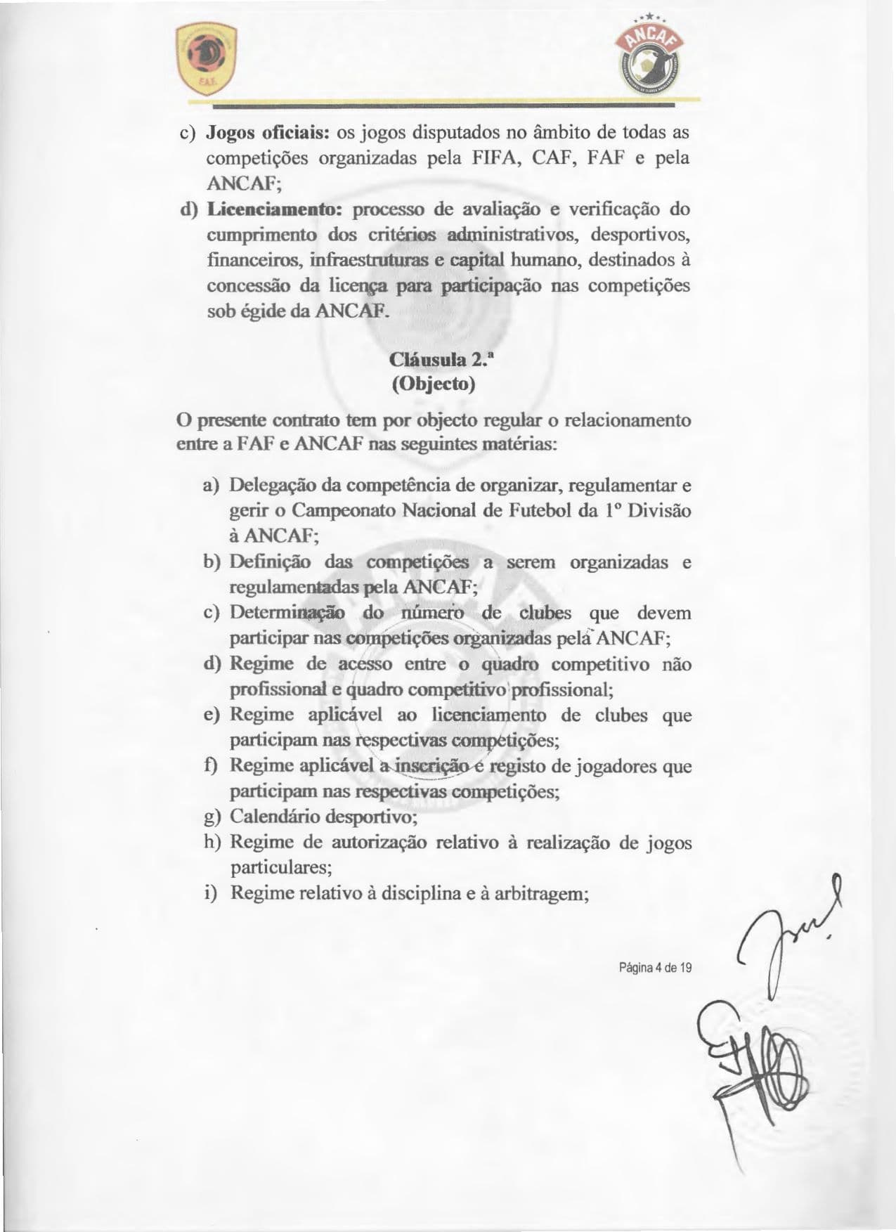 Página 4 do Contrato de cedência da gestão do Girabola entre a FAF e a ANCAF