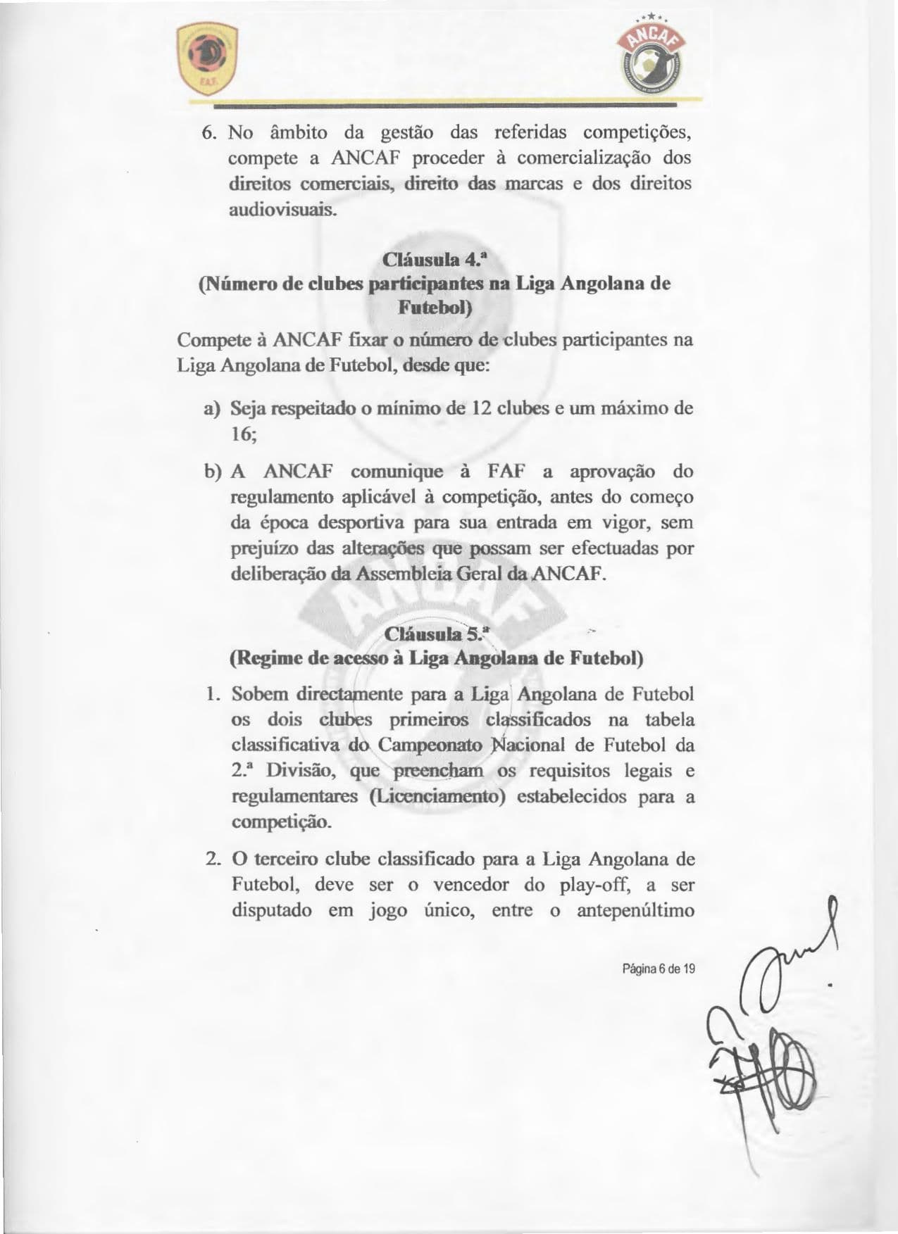 Página 6 do Contrato de cedência da gestão do Girabola entre a FAF e a ANCAF