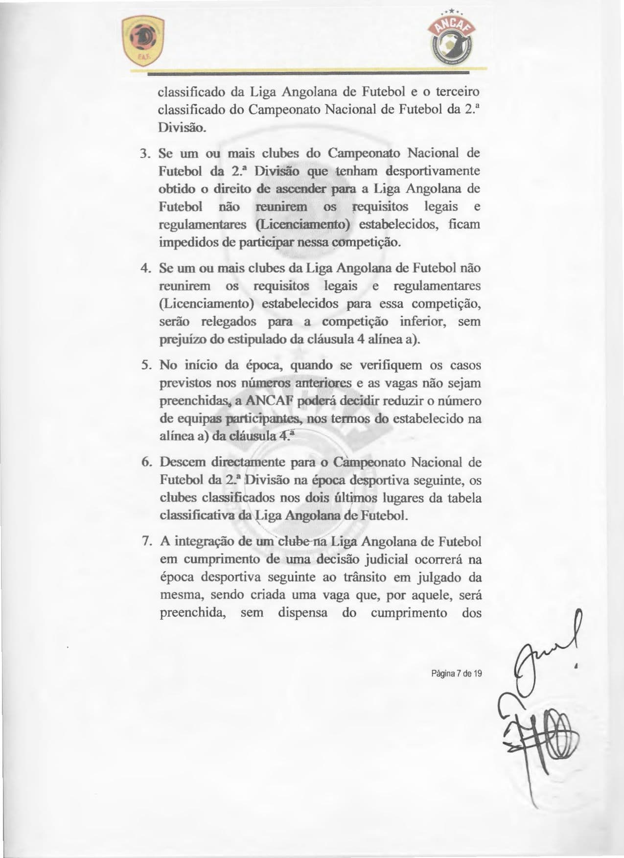 Página 7 do Contrato de cedência da gestão do Girabola entre a FAF e a ANCAF