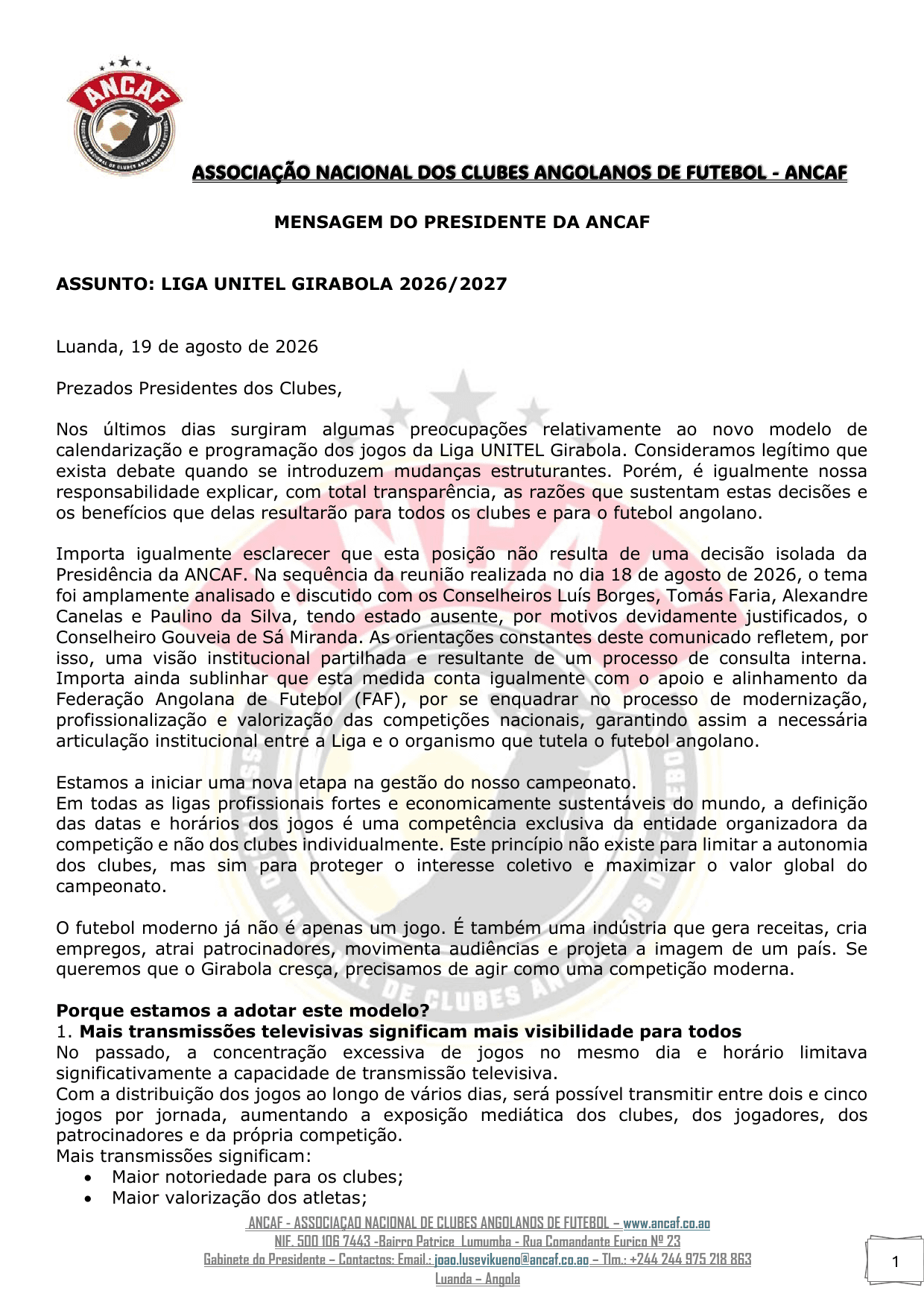 Página 1 do Mensagem do Presidente da ANCAF sobre a Liga Unitel Girabola 2026/2027