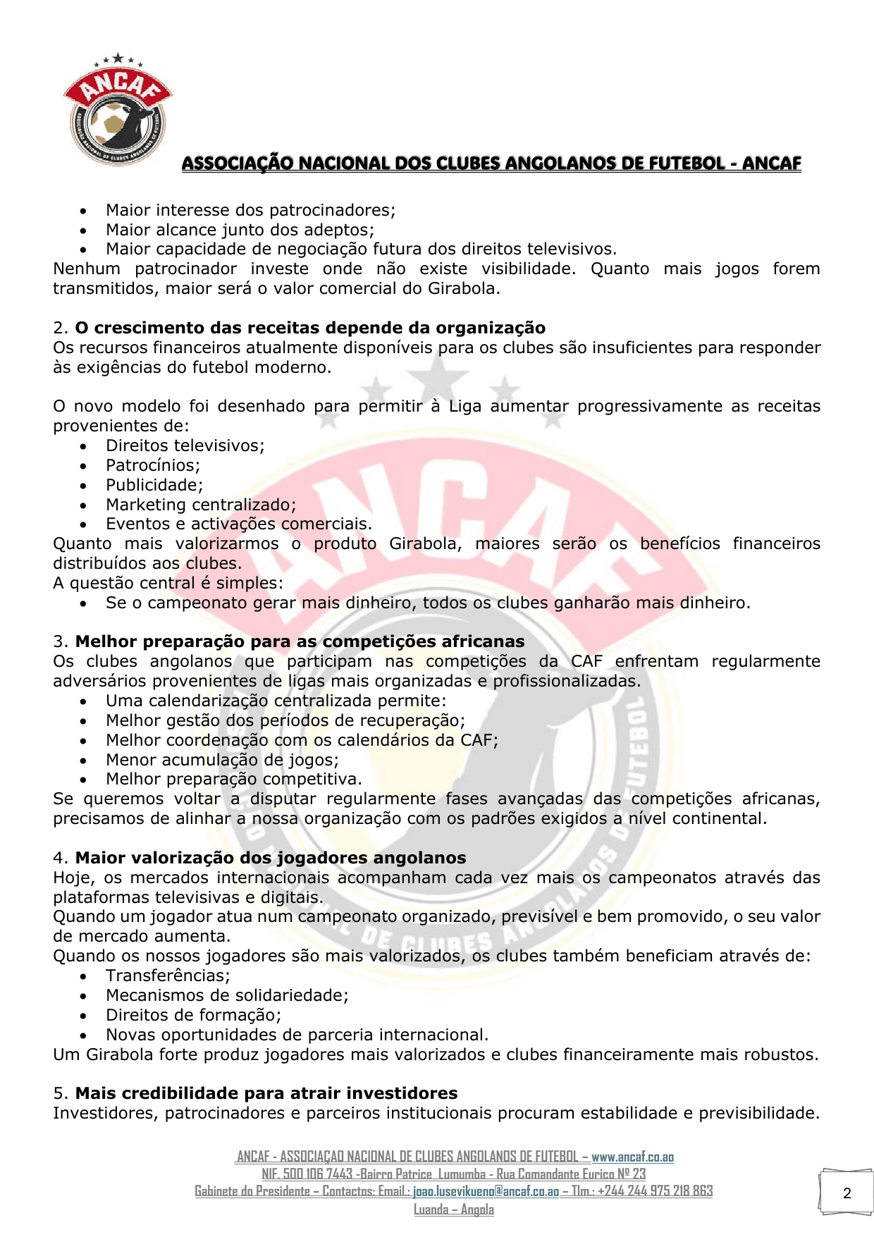 Página 2 do Mensagem do Presidente da ANCAF sobre a Liga Unitel Girabola 2026/2027