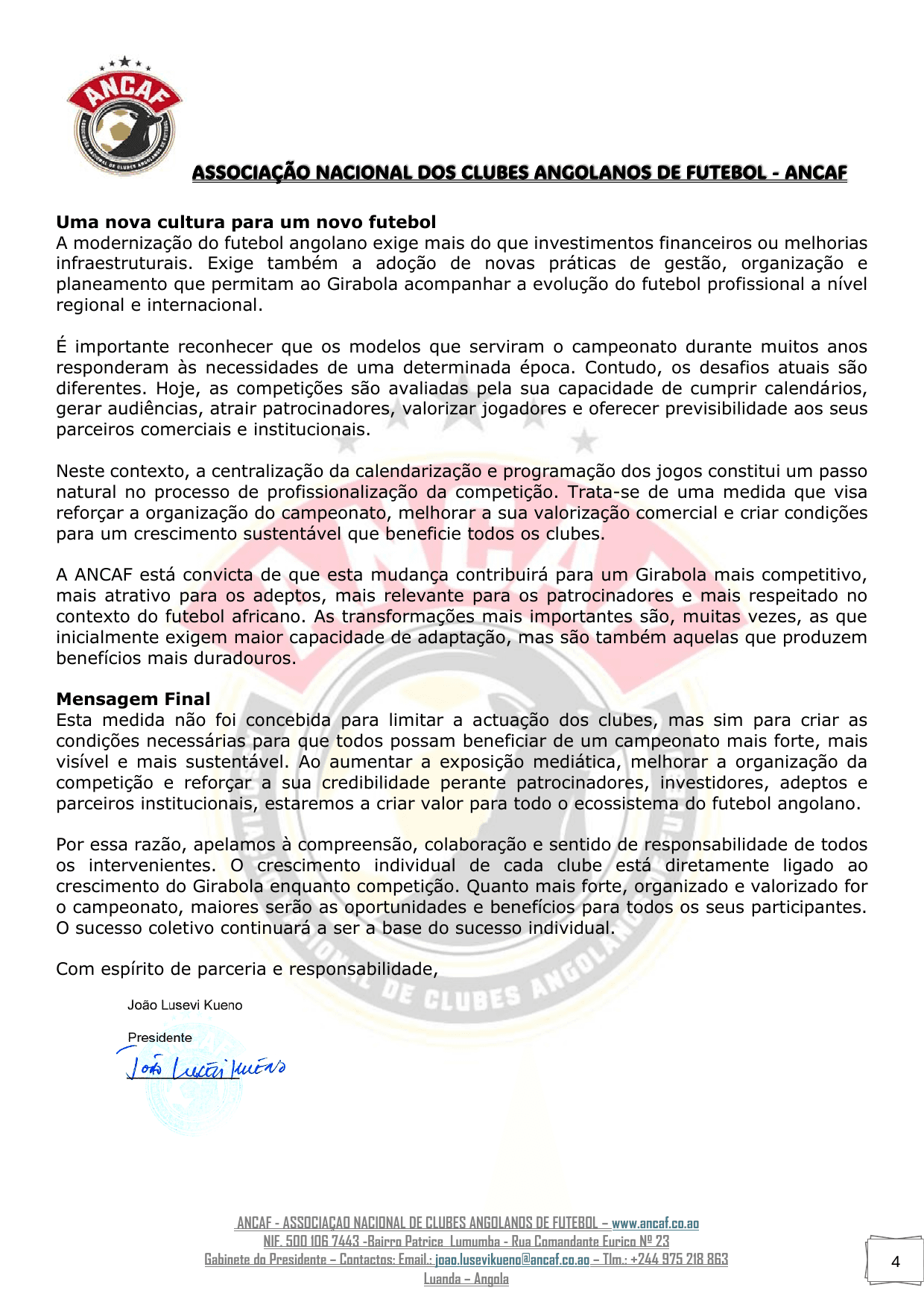 Página 4 do Mensagem do Presidente da ANCAF sobre a Liga Unitel Girabola 2026/2027